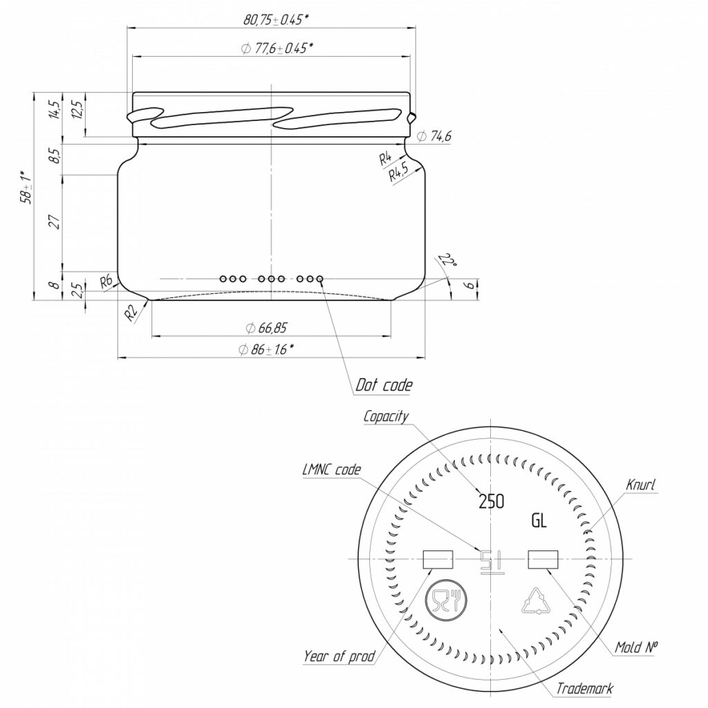 słoik 250 ml rysunek techniczny