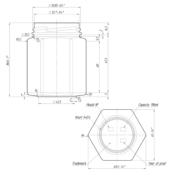 hexagonal 196 ml rysunek techniczny